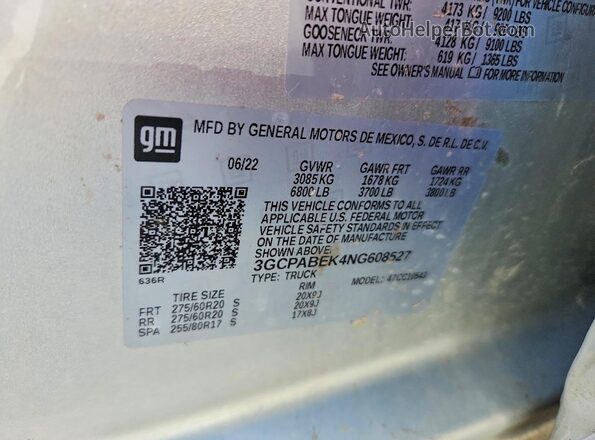 3GCPABEK4NG608527 2022 CHEVROLET SILVERADO Silver VIN კოდის სტიკერის ხედი