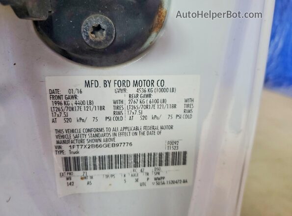1FT7X2B66GEB97776 2016 FORD F250 White Вид наклейки з VIN-кодом