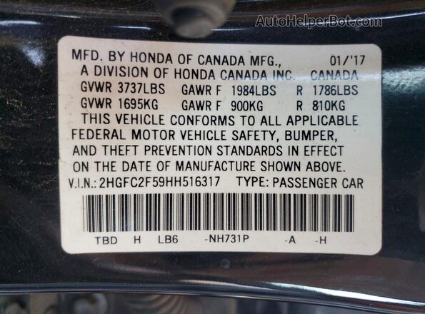 2HGFC2F59HH516317 2017 HONDA CIVIC Black Widok naklejki z numerem VIN