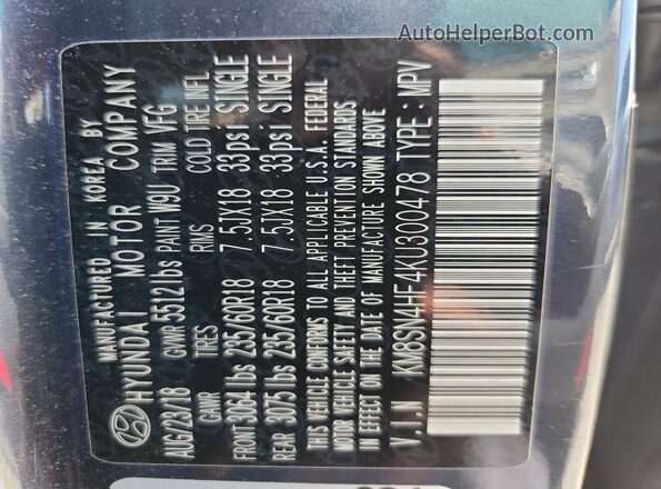 KM8SN4HF4KU300478 2019 HYUNDAI SANTA Blue Панорамний вид салону 360°