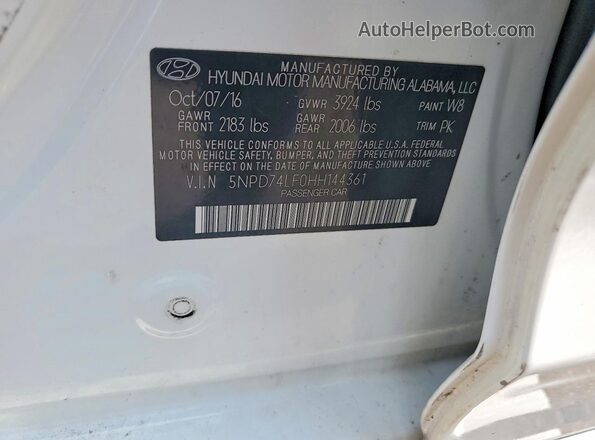 5NPD74LF0HH144361 2017 HYUNDAI ELANTRA White VIN sticker view