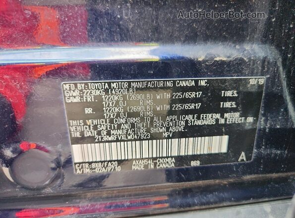 2T3RWRFVXLW047923 2020 TOYOTA RAV4 Blue VIN კოდის სტიკერის ხედი