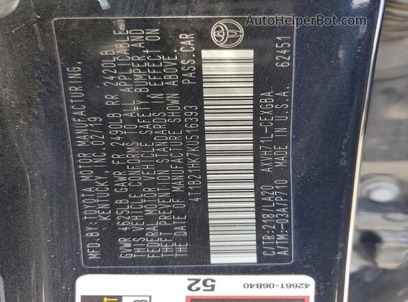 4T1B21HK7KU516393 2019 TOYOTA CAMRY Black VIN sticker view