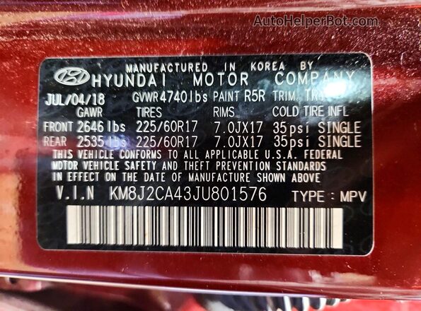KM8J2CA43JU801576 2018 HYUNDAI TUCSON Red 360 interior view