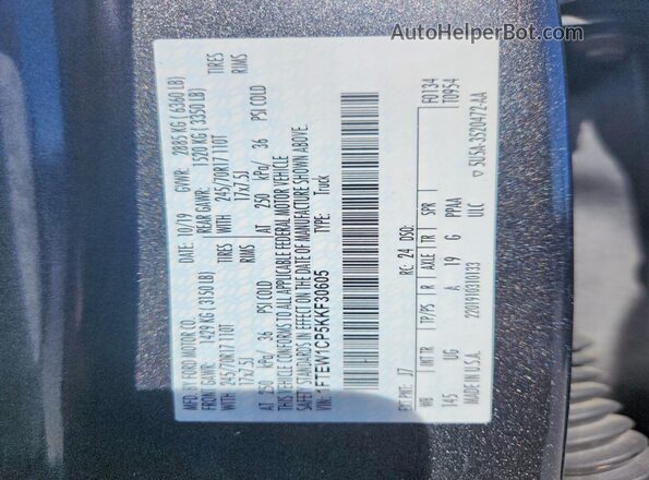 1FTEW1CP5KKF30605 2019 FORD F150 Gray Vista de la etiqueta del VIN