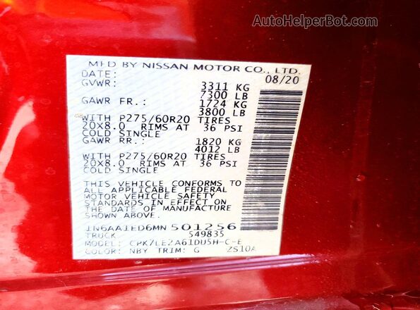 1N6AA1ED6MN501256 2021 NISSAN TITAN Red VIN կոդի պիտակի տեսք