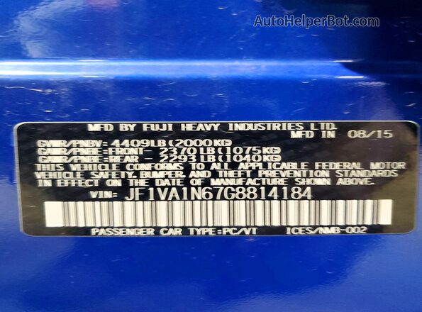 JF1VA1N67G8814184 2016 SUBARU WRX Blue VIN sticker view