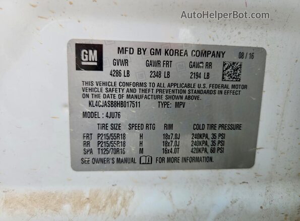 KL4CJASB8HB017511 2017 BUICK ENCORE White Вид наклейки з VIN-кодом