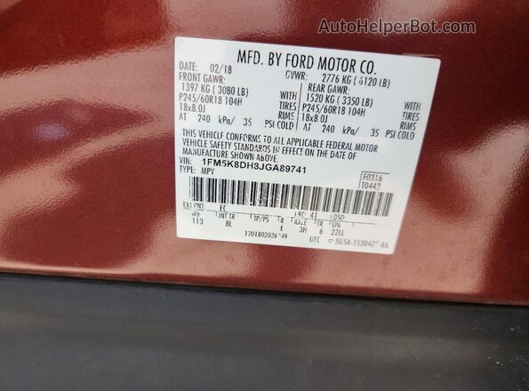 1FM5K8DH8JGA89741 2018 FORD EXPLORER Red სალონის 360-გრადუსიანი ხედი