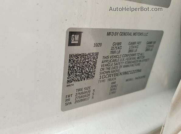 1GCRYBEK9MZ122394 2021 CHEVROLET SILVERADO White Vista de la etiqueta del VIN