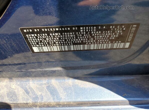 3VWDB7AJ2HM292235 2017 VOLKSWAGEN JETTA Синий Вид наклейки с VIN-кодом