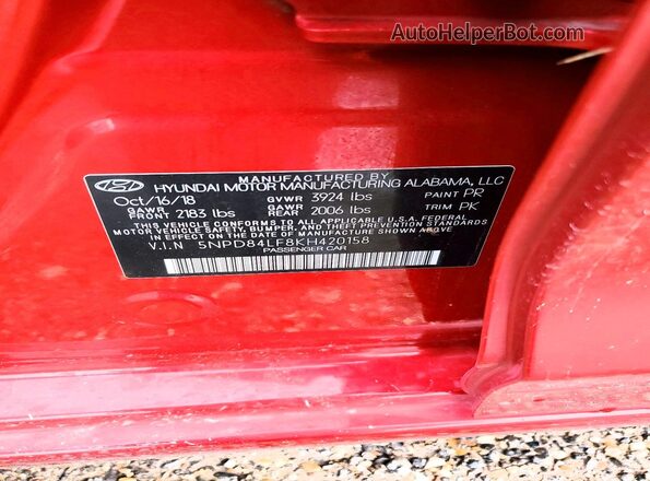 5NPD84LF8KH420158 2019 HYUNDAI ELANTRA Red VIN კოდის სტიკერის ხედი