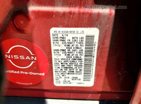 JN8AT2MV8GW142380 2016 NISSAN ROGUE Red 360 interior view