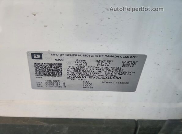 2GNAXUEV7L6240886 2020 CHEVROLET EQUINOX White Vista interior de 360 grados