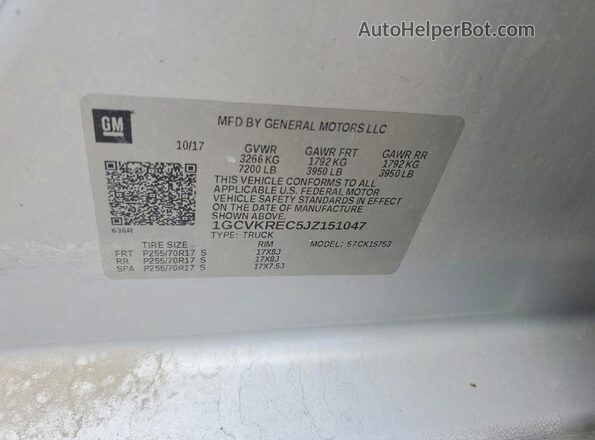 1GCVKREC5JZ151047 2018 CHEVROLET SILVERADO Silver Вид наклейки з VIN-кодом