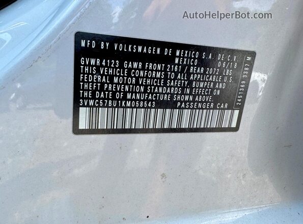 3VWC57BU1KM058543 2019 VOLKSWAGEN JETTA White Widok wnętrza z tyłu