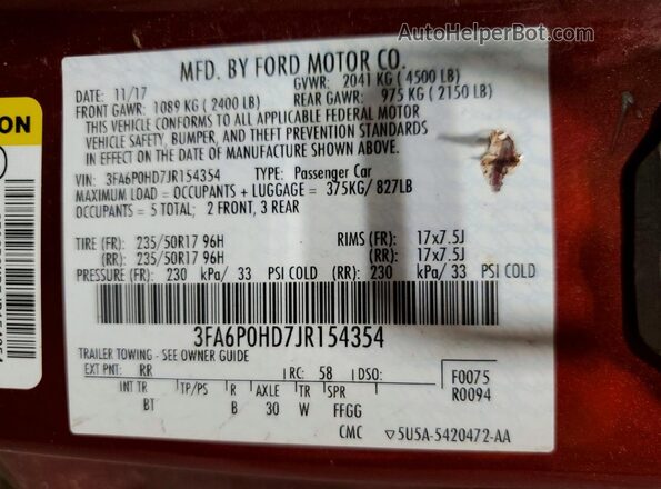 3FA6P0HD7JR154354 2018 FORD FUSION Red Vista interior de 360 grados
