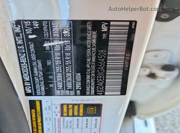 4JGDA0EBXGA664508 2016 MERCEDES-BENZ GLE White Widok komory silnika