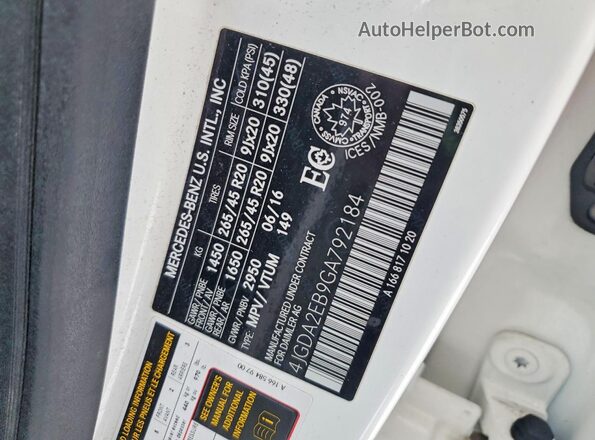 4JGDA2EB9GA792184 2016 MERCEDES-BENZ GLE Белый Вид наклейки с VIN-кодом