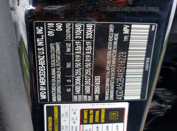 4JGDA5GB4KB216228 2019 MERCEDES-BENZ GLE Black Vista de la etiqueta del VIN