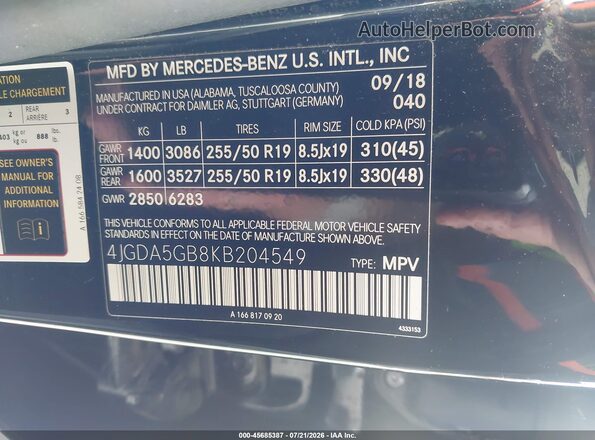 4JGDA5GB8KB204549 2019 MERCEDES-BENZ GLE 400 Black Widok komory silnika
