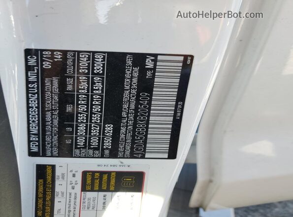4JGDA5GB8KB205409 2019 MERCEDES-BENZ GLE White Widok naklejki z numerem VIN