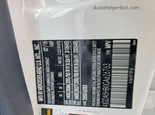 4JGDA5HB0GA626763 2016 MERCEDES-BENZ GLE White Vista de la etiqueta del VIN