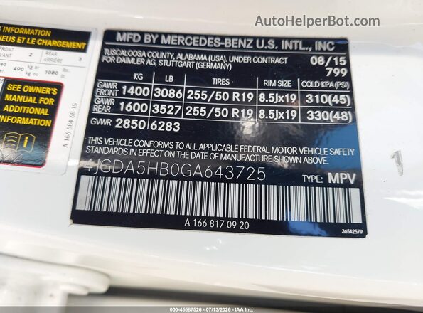 4JGDA5HB0GA643725 2016 MERCEDES-BENZ GLE 350 White Widok komory silnika