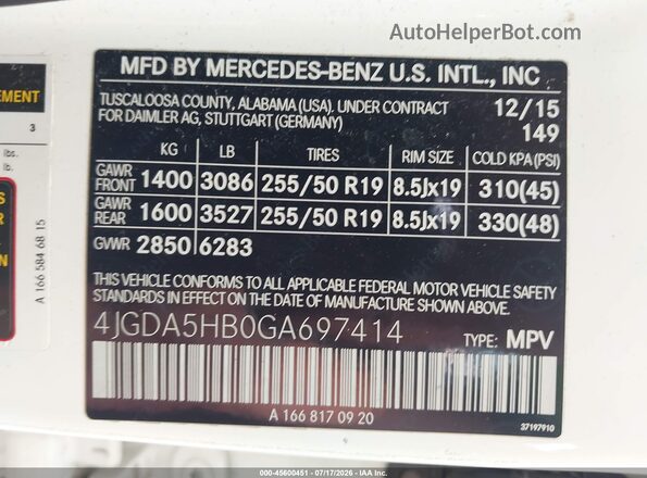4JGDA5HB0GA697414 2016 MERCEDES-BENZ GLE 350 White Engine compartment view