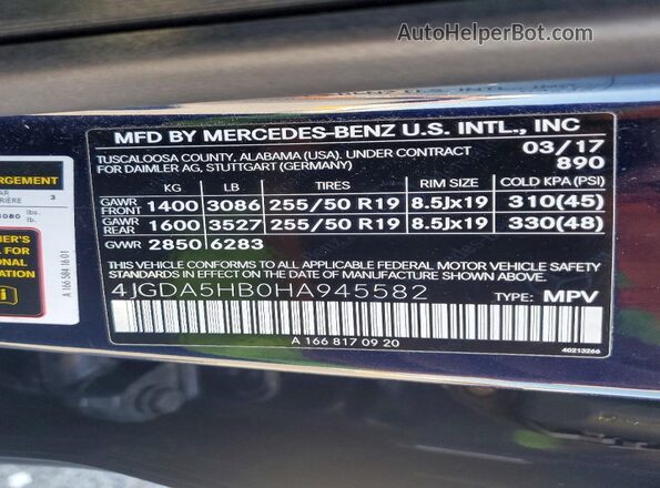 4JGDA5HB0HA945582 2017 MERCEDES-BENZ GLE Blue Vista de la etiqueta del VIN