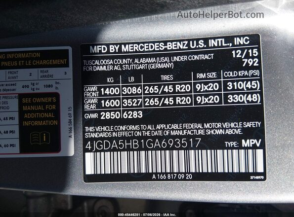 4JGDA5HB1GA693517 2016 MERCEDES-BENZ GLE Серый Вид подкапотного пространства