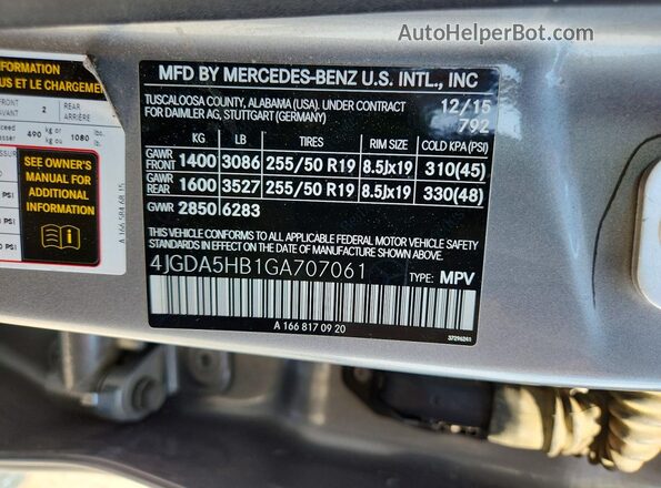 4JGDA5HB1GA707061 2016 MERCEDES-BENZ GLE Silver VIN sticker view
