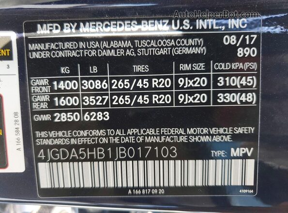 4JGDA5HB1JB017103 2018 MERCEDES-BENZ GLE Blue 360 interior view