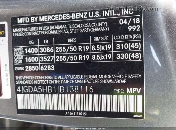 4JGDA5HB1JB138116 2018 MERCEDES-BENZ GLE 350 Gray Widok komory silnika