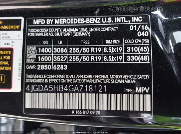 4JGDA5HB4GA718121 2016 MERCEDES-BENZ GLE 350 Black Vista del compartimento del motor