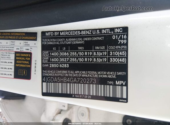 4JGDA5HB4GA720273 2016 MERCEDES-BENZ GLE 350 White ძრავის განყოფილების ხედი