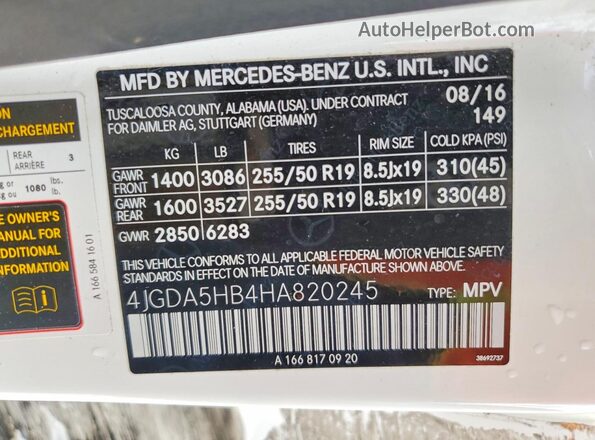4JGDA5HB4HA820245 2017 MERCEDES-BENZ GLE White VIN კოდის სტიკერის ხედი
