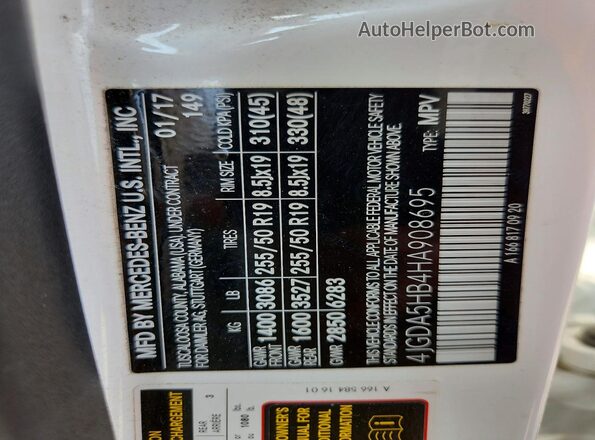 4JGDA5HB4HA908695 2017 MERCEDES-BENZ GLE White Vista de la etiqueta del VIN