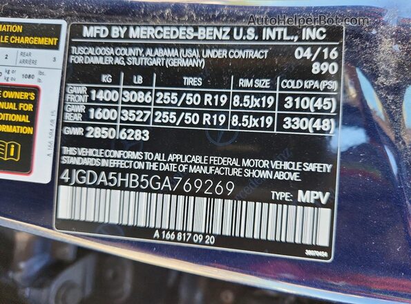 4JGDA5HB5GA769269 2016 MERCEDES-BENZ GLE Blue Vista de la etiqueta del VIN