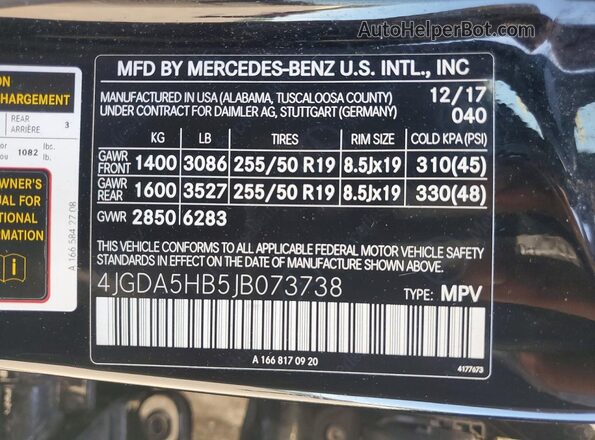 4JGDA5HB5JB073738 2018 MERCEDES-BENZ GLE Black Widok naklejki z numerem VIN