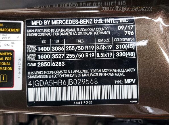 4JGDA5HB6JB029568 2018 MERCEDES-BENZ GLE Brown Widok naklejki z numerem VIN