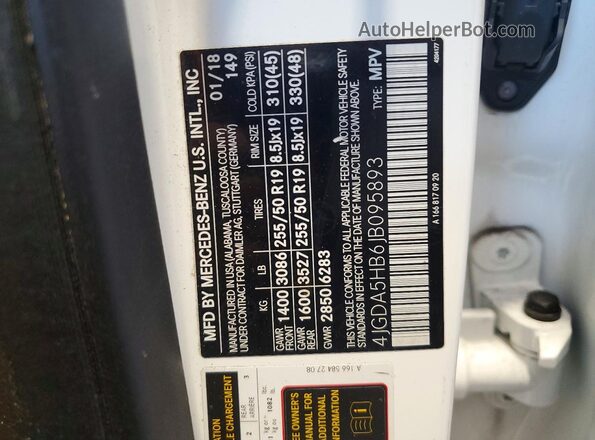 4JGDA5HB6JB095893 2018 MERCEDES-BENZ GLE White Вид наклейки з VIN-кодом