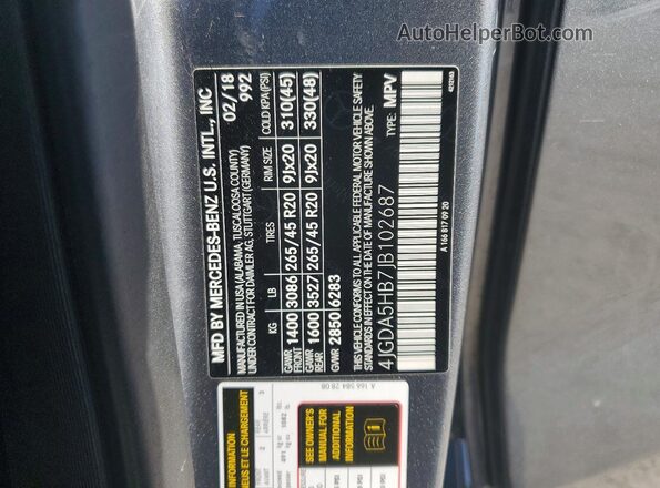 4JGDA5HB7JB102687 2018 MERCEDES-BENZ GLE Gray Widok naklejki z numerem VIN