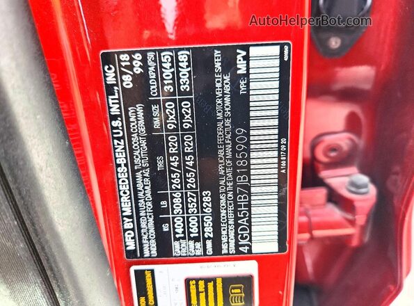 4JGDA5HB7JB185909 2018 MERCEDES-BENZ GLE Red Вид підкапотного простору