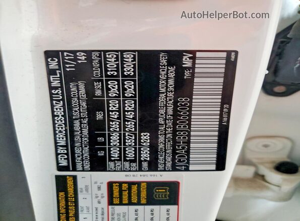 4JGDA5HB8JB066038 2018 MERCEDES-BENZ GLE White Vista de la etiqueta del VIN