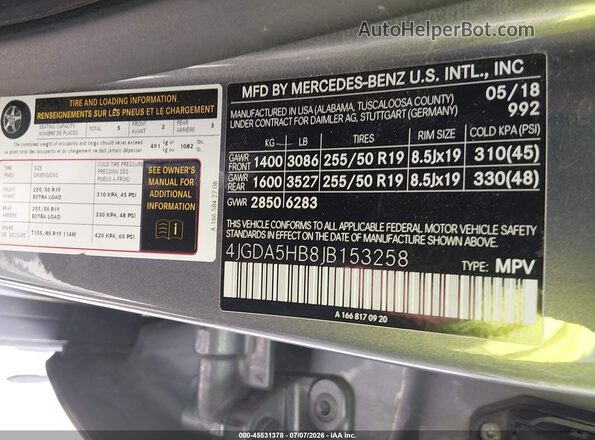 4JGDA5HB8JB153258 2018 MERCEDES-BENZ GLE 350 Gray Շարժիչի բաժամունքի տեսք