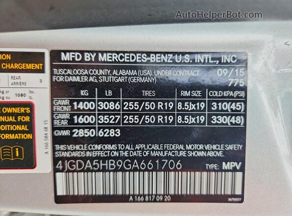 4JGDA5HB9GA661706 2016 MERCEDES-BENZ GLE Silver Widok naklejki z numerem VIN
