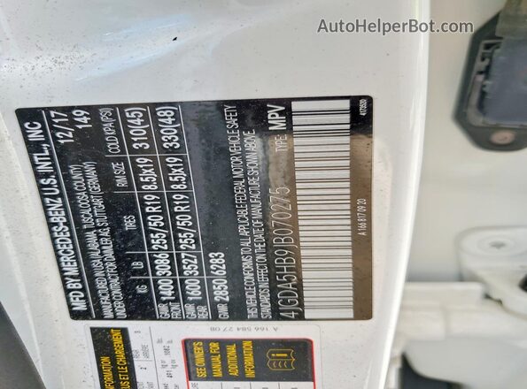 4JGDA5HB9JB070275 2018 MERCEDES-BENZ GLE White VIN sticker view