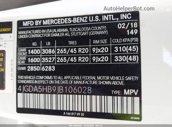 4JGDA5HB9JB106028 2018 MERCEDES-BENZ GLE 350 White Widok komory silnika