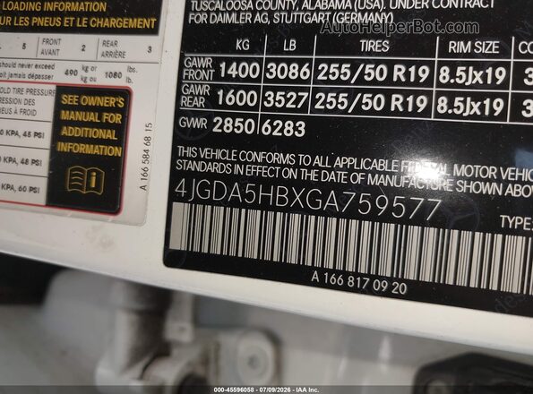 4JGDA5HBXGA759577 2016 MERCEDES-BENZ GLE 350 White ძრავის განყოფილების ხედი